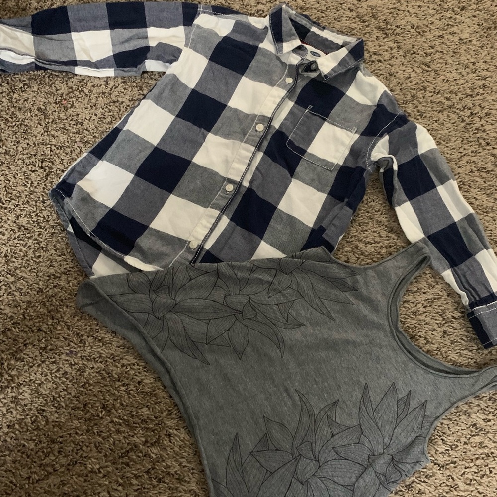 3/$15 blue and white plaid shirt & gray tank